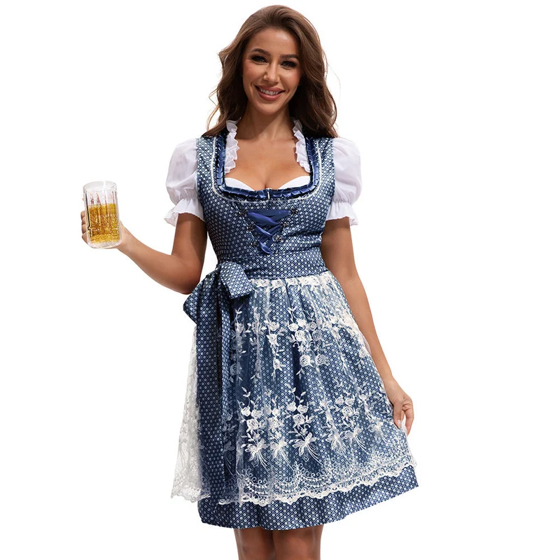 Damen nan traditionelles Dirndlkleid mit Herzausschnitt geschnürter Taille und Spitzen-Schürze Drune