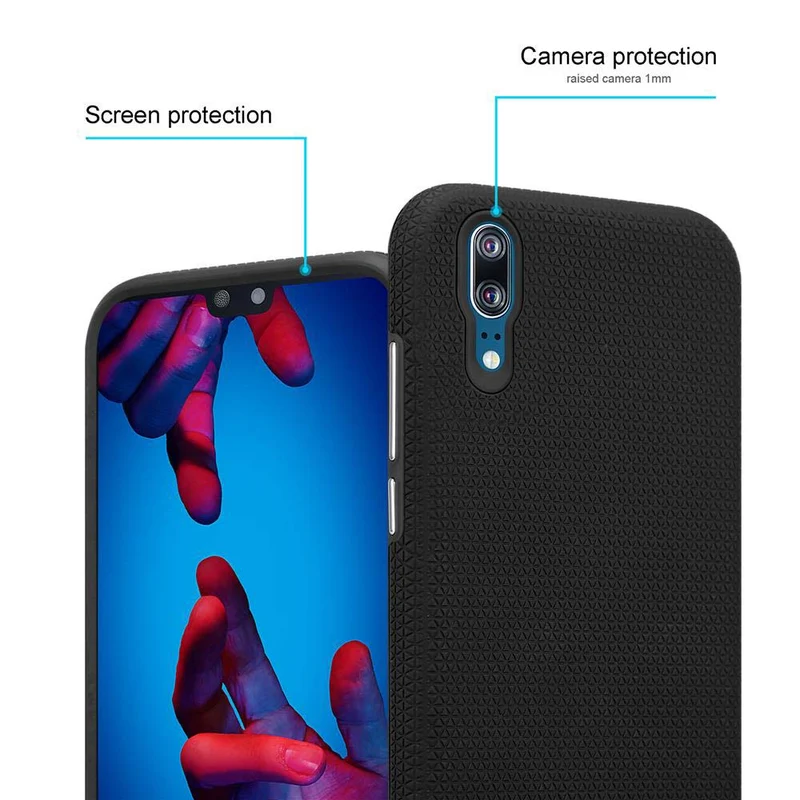 Cadorabo Hülle kompatibel mit Huawei P20 Outdoor Hybrid Schutzhülle mit extra Grip Anti Rutsch Oberfläche im Triangle Design aus Silikon und Kunststoff