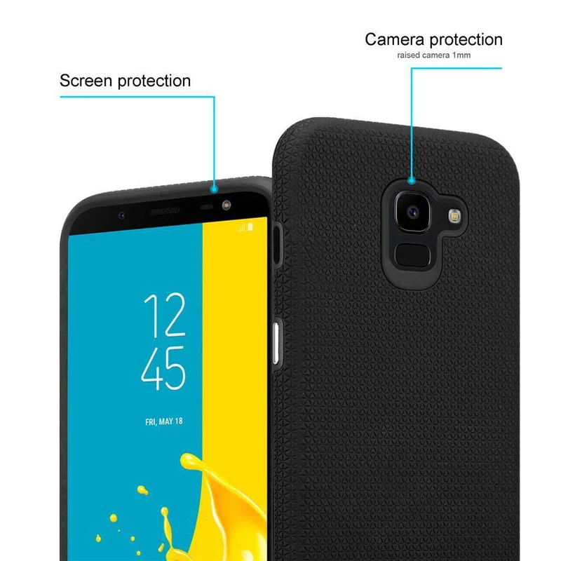 Cadorabo Hülle kompatibel mit Samsung Galaxy J6 2018 Outdoor Hybrid Schutzhülle mit extra Grip Anti Rutsch Oberfläche im Triangle Design aus Silikon und Kunststoff
