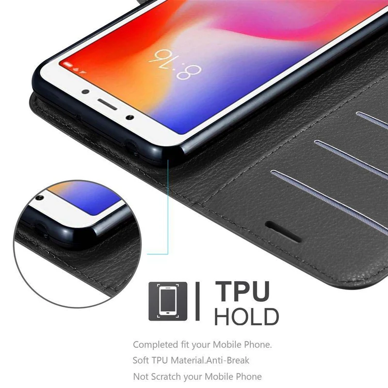 Cadorabo Hülle kompatibel mit Xiaomi RedMi 6A Schutzhülle mit Magnetverschluss, Standfunktion und Kartenfach