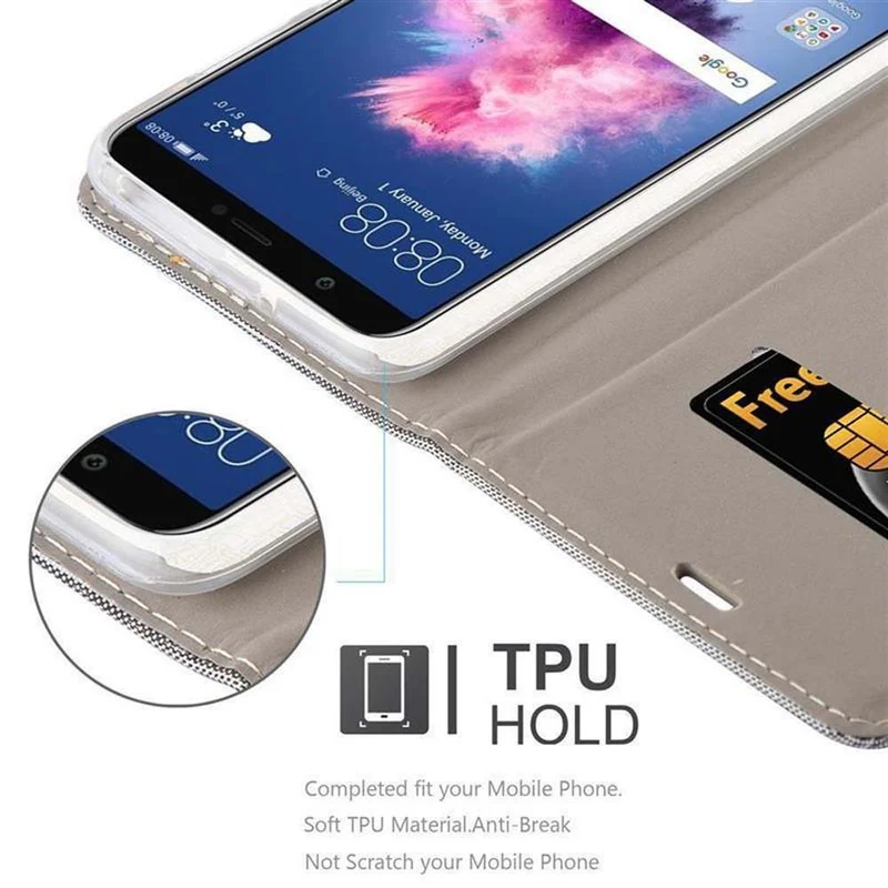 Cadorabo Hülle kompatibel mit Huawei P SMART 2018 / Enjoy 7S Schutzhülle mit Magnetverschluss, Standfunktion und Kartenfach