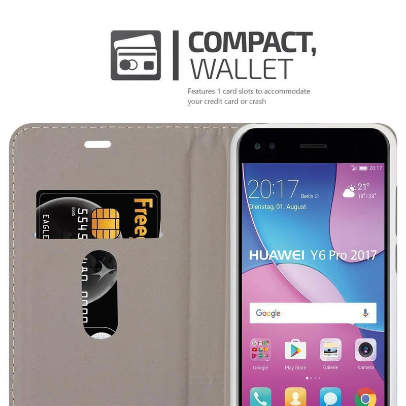 Cadorabo Hülle kompatibel mit Huawei Y6 PRO 2017 Schutzhülle mit Magnetverschluss, Standfunktion und Kartenfach