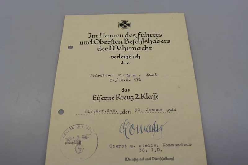 Eisernes Kreuz Zweite Klasse, Zertifikat für den Zweiten Weltkrieg