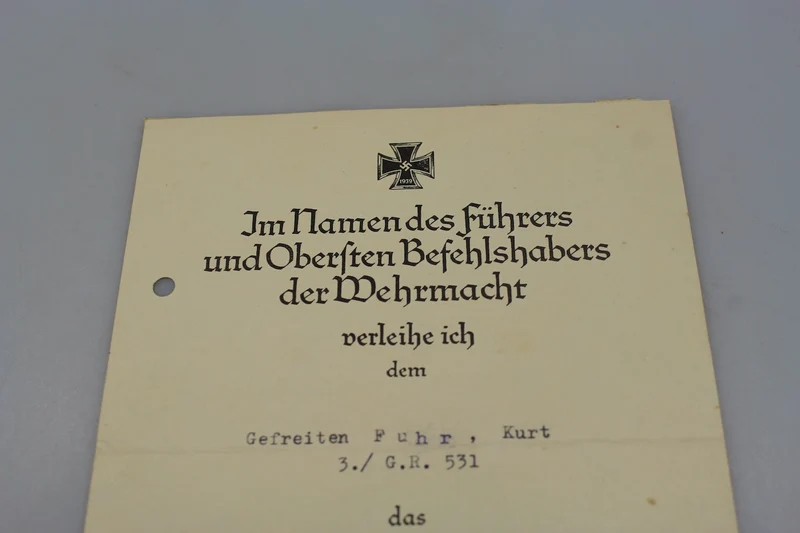 Eisernes Kreuz Zweite Klasse, Zertifikat für den Zweiten Weltkrieg