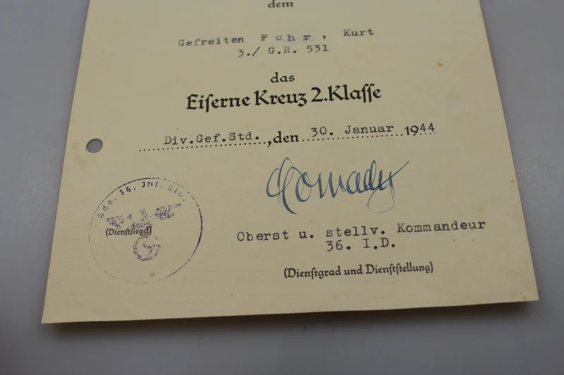 Eisernes Kreuz Zweite Klasse, Zertifikat für den Zweiten Weltkrieg