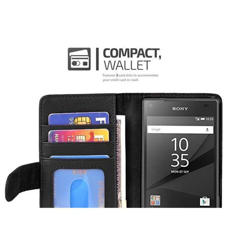 Cadorabo Hülle kompatibel mit Sony Xperia Z5 COMPACT Schutzhülle mit Magnetverschluss und 3 Kartenfächern