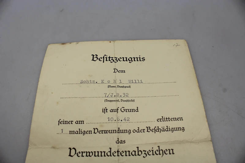 Verwundetenurkunde II. Klasse "Silber"