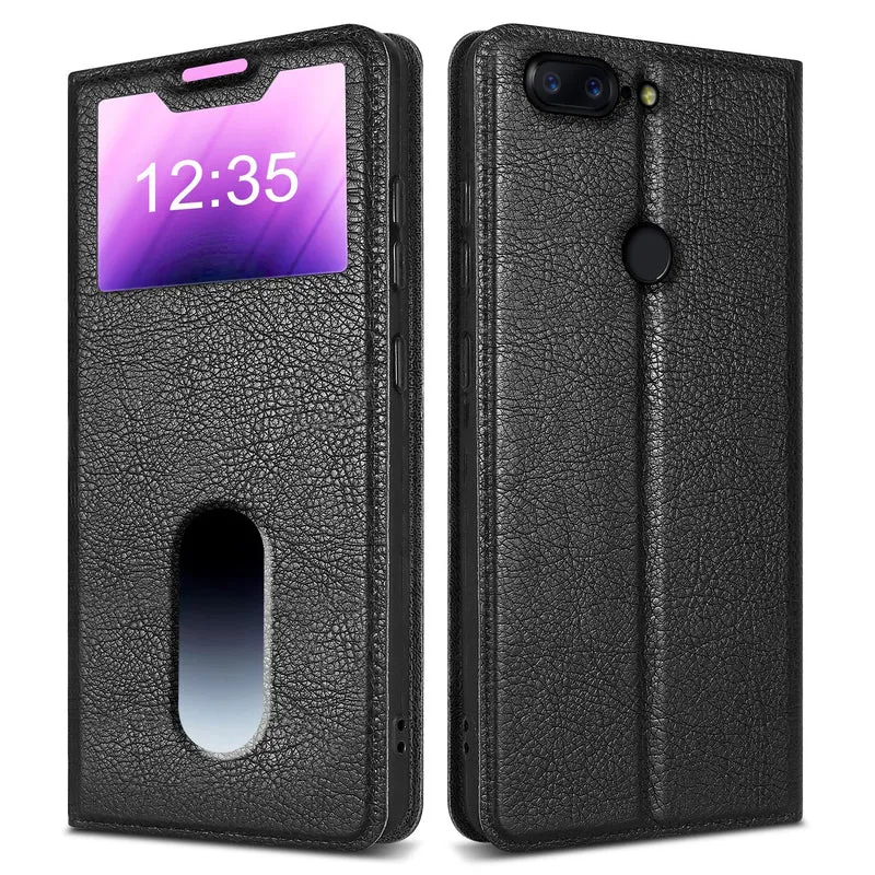 Cadorabo Hülle kompatibel mit OnePlus 5T Schutzhülle mit Magnetverschluss, Standfunktion und 2 Sichtfenstern