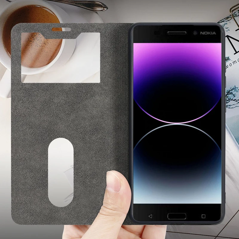 Cadorabo Hülle kompatibel mit Nokia 6,1 Schutzhülle mit Magnetverschluss, Standfunktion und 2 Sichtfenstern