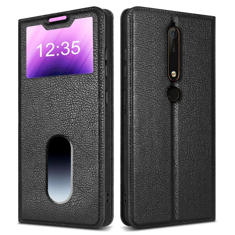 Cadorabo Hülle kompatibel mit Nokia 6,1 Schutzhülle mit Magnetverschluss, Standfunktion und 2 Sichtfenstern
