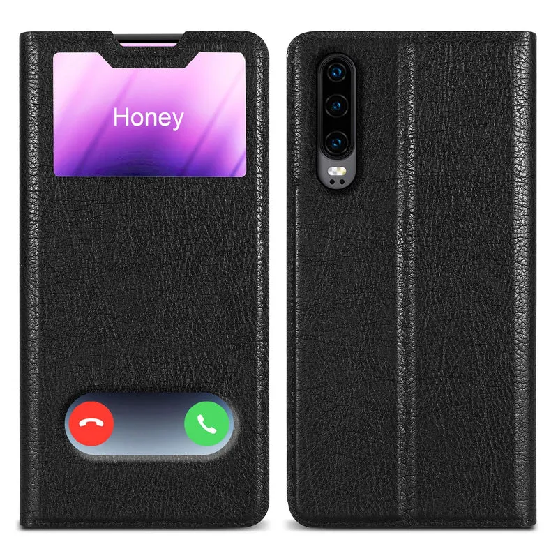 Cadorabo Hülle kompatibel mit Huawei P30 Schutzhülle mit Magnetverschluss, Standfunktion und 2 Sichtfenstern