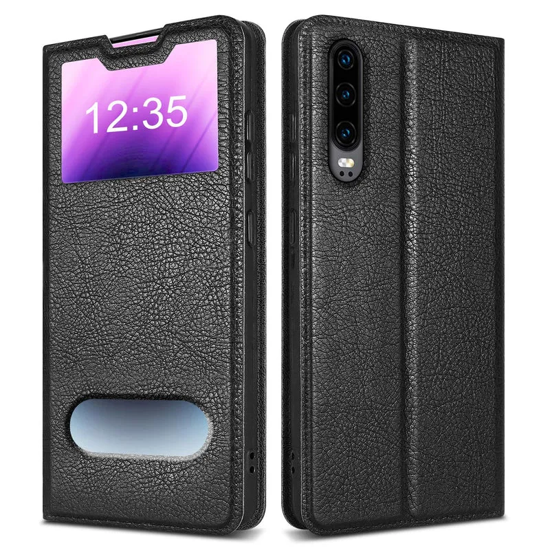 Cadorabo Hülle kompatibel mit Huawei P30 Schutzhülle mit Magnetverschluss, Standfunktion und 2 Sichtfenstern