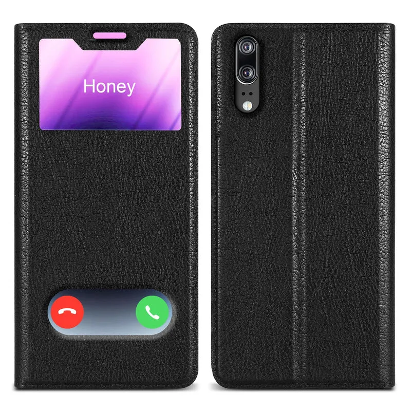 Cadorabo Hülle kompatibel mit Huawei P20 Schutzhülle mit Magnetverschluss, Standfunktion und 2 Sichtfenstern