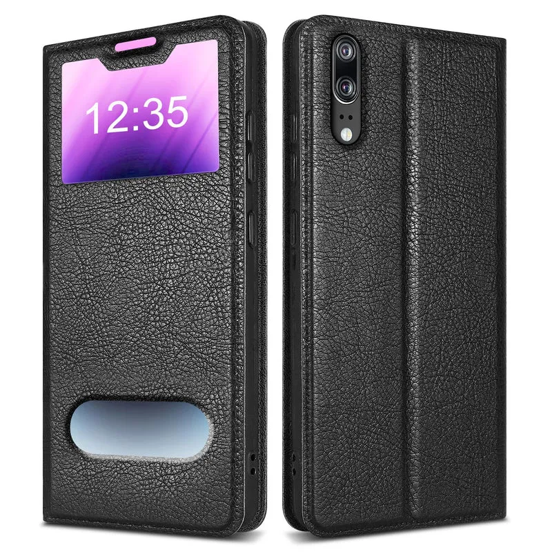 Cadorabo Hülle kompatibel mit Huawei P20 Schutzhülle mit Magnetverschluss, Standfunktion und 2 Sichtfenstern