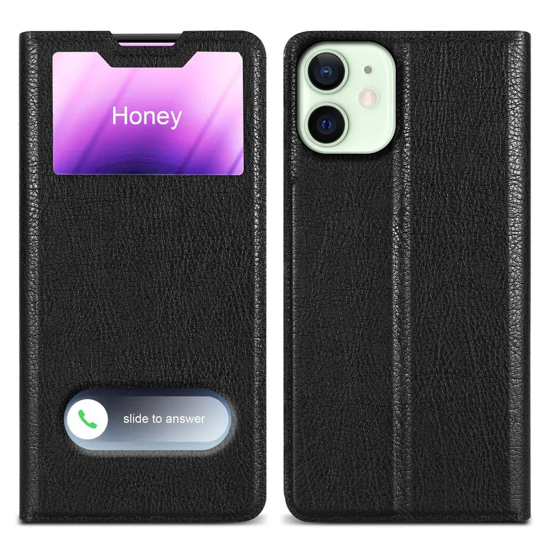 Cadorabo Hülle kompatibel mit Apple iPhone 12 MINI Schutzhülle mit Magnetverschluss, Standfunktion und 2 Sichtfenstern