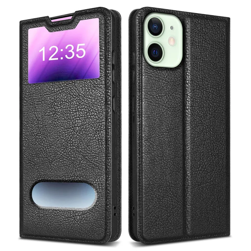 Cadorabo Hülle kompatibel mit Apple iPhone 12 MINI Schutzhülle mit Magnetverschluss, Standfunktion und 2 Sichtfenstern