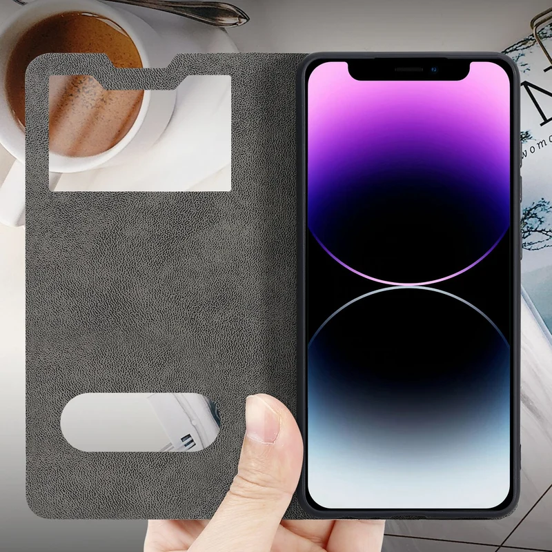 Cadorabo Hülle kompatibel mit Apple iPhone 12 MINI Schutzhülle mit Magnetverschluss, Standfunktion und 2 Sichtfenstern