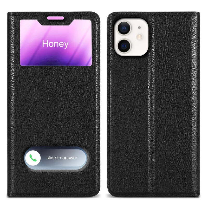 Cadorabo Hülle kompatibel mit Apple iPhone 12 / 12 PRO Schutzhülle mit Magnetverschluss, Standfunktion und 2 Sichtfenstern