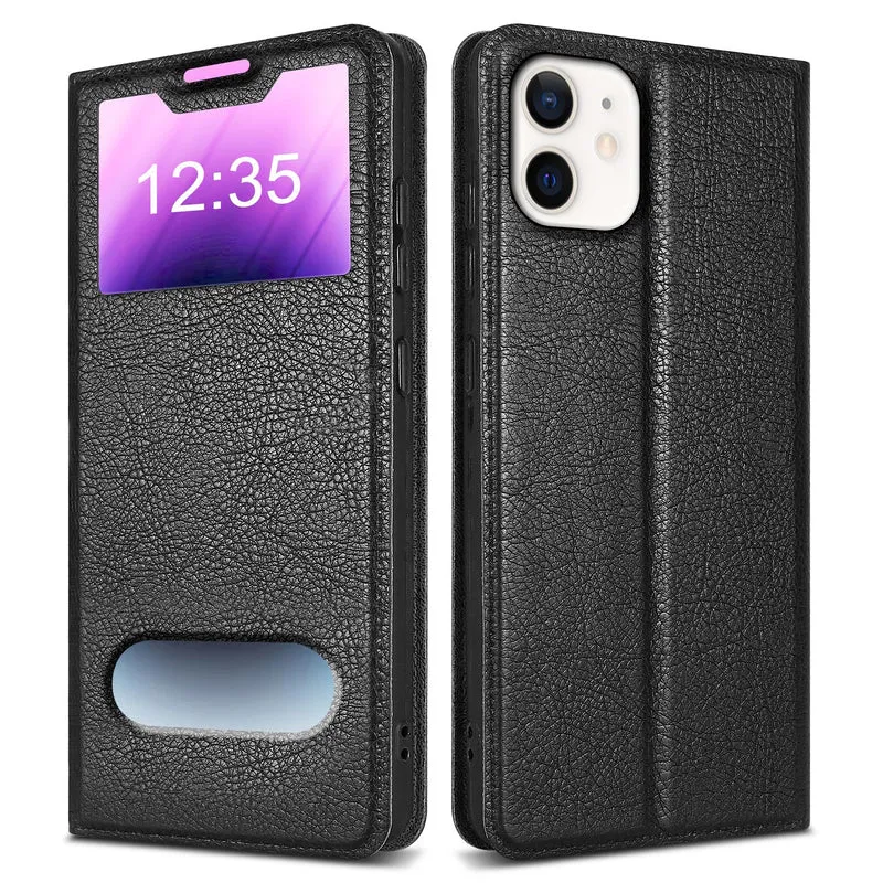 Cadorabo Hülle kompatibel mit Apple iPhone 12 / 12 PRO Schutzhülle mit Magnetverschluss, Standfunktion und 2 Sichtfenstern