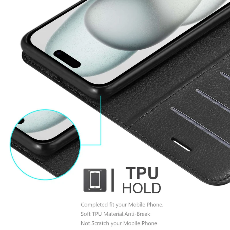Cadorabo Hülle kompatibel mit Apple iPhone 15 PLUS Schutzhülle mit Magnetverschluss, Standfunktion und Kartenfach
