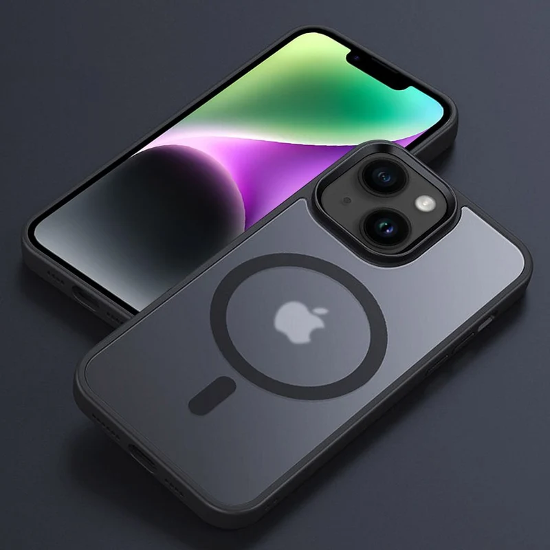 Cadorabo Hülle kompatibel mit Apple iPhone 14 PLUS in SCHWARZ kompatibel mit MagSafe - Hybrid Schutzhülle mit TPU Silikon-Rand und stabiler Rückseite