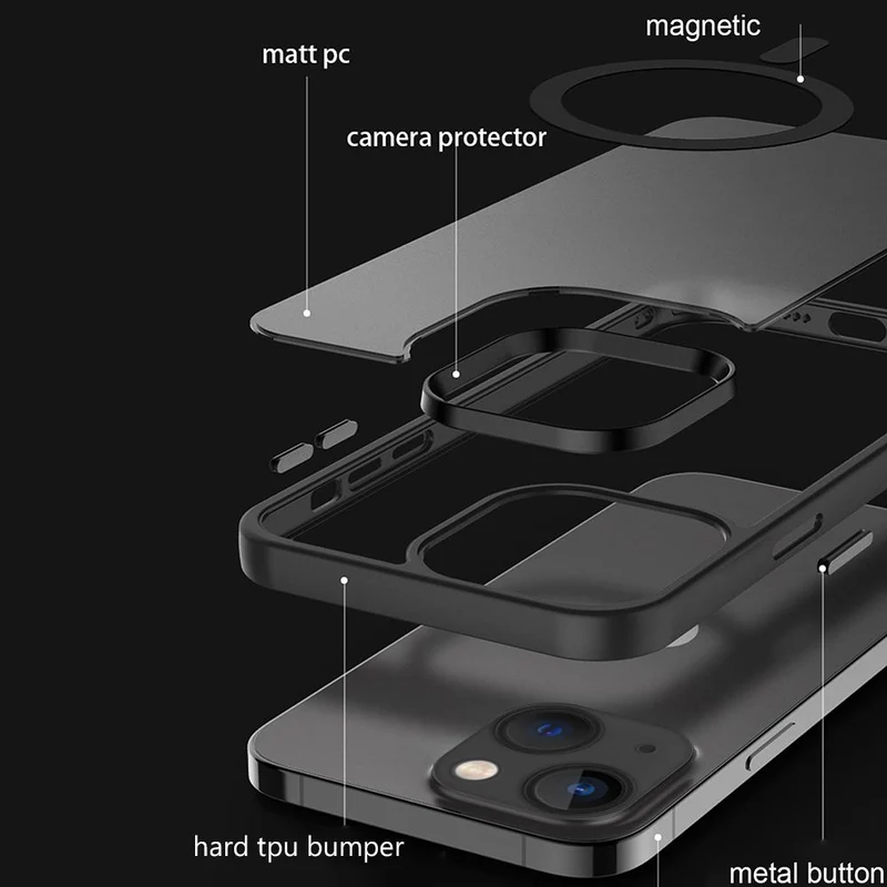 Cadorabo Hülle kompatibel mit Apple iPhone 13 in SCHWARZ kompatibel mit MagSafe - Hybrid Schutzhülle mit TPU Silikon-Rand und stabiler Rückseite