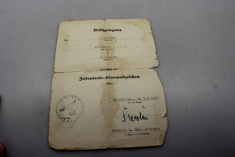 Zertifikat für Infanterie-Sturmabzeichen 2. Weltkrieg