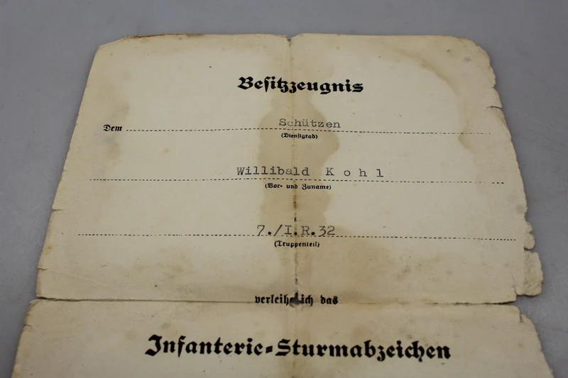 Zertifikat für Infanterie-Sturmabzeichen 2. Weltkrieg