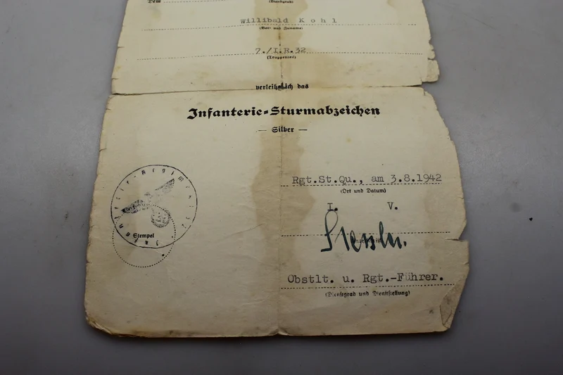 Zertifikat für Infanterie-Sturmabzeichen 2. Weltkrieg