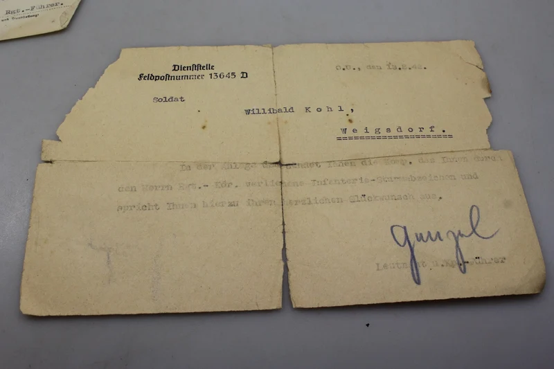 Zertifikat für Infanterie-Sturmabzeichen 2. Weltkrieg