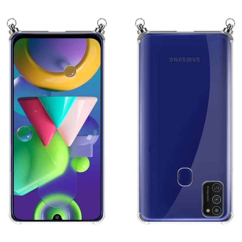 Silikon Hülle Handykette kompatibel mit Samsung Galaxy M21 / M30s mit silbernen Ringen