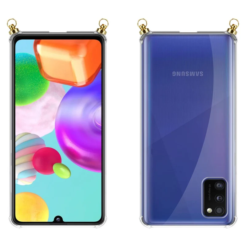 Silikon Hülle Handykette kompatibel mit Samsung Galaxy A41 mit goldenen Ringen