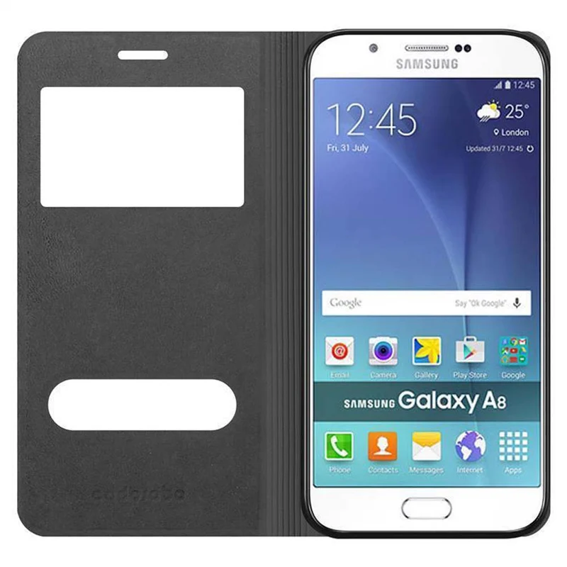 Cadorabo Hülle kompatibel mit Samsung Galaxy A8 2015 Schutzhülle mit Magnetverschluss, Standfunktion und 2 Sichtfenstern