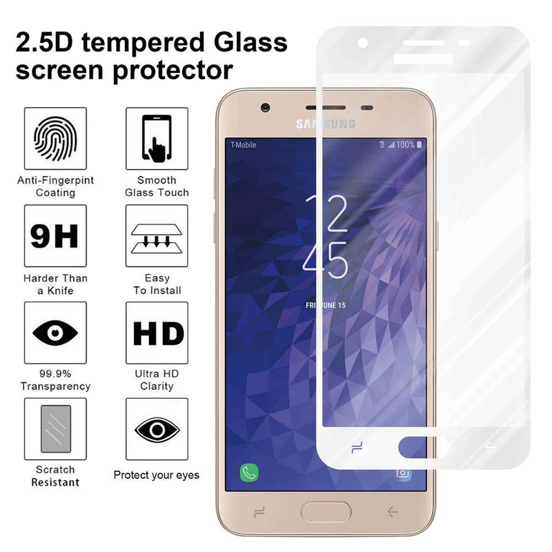 Cadorabo Vollbild Panzer Folie kompatibel mit Samsung Galaxy J3 2018 - Schutzfolie Gehärtetes (Tempered) Display-Schutzglas in 9H Härte mit 3D Touch