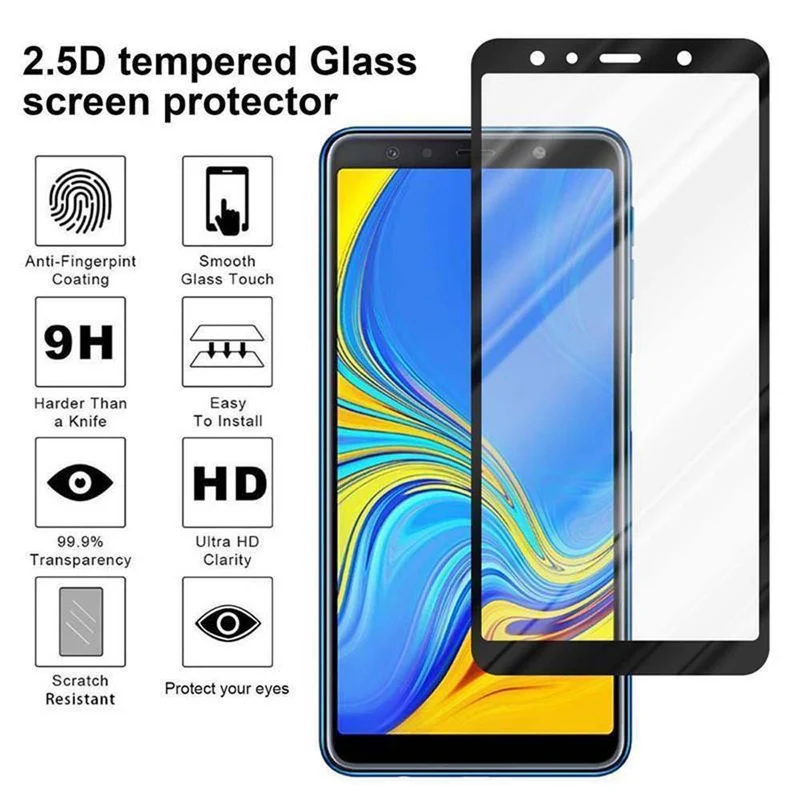Cadorabo Vollbild Panzer Folie kompatibel mit Samsung Galaxy A7 2018 - Schutzfolie Gehärtetes (Tempered) Display-Schutzglas in 9H Härte mit 3D Touch