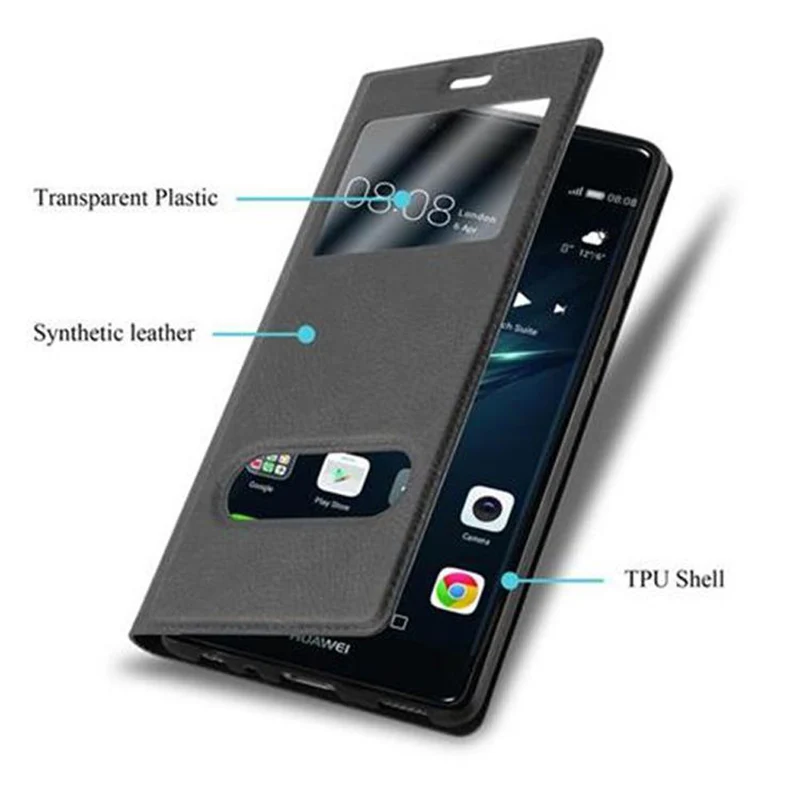 Cadorabo Hülle kompatibel mit Huawei P9 Schutzhülle mit Magnetverschluss, Standfunktion und 2 Sichtfenstern