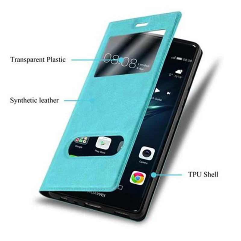 Cadorabo Hülle kompatibel mit Huawei P9 Schutzhülle mit Magnetverschluss, Standfunktion und 2 Sichtfenstern