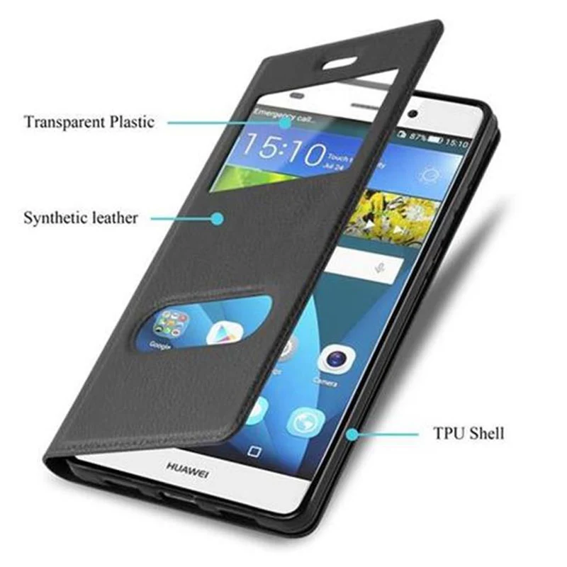 Cadorabo Hülle kompatibel mit Huawei P8 LITE 2015 Schutzhülle mit Magnetverschluss, Standfunktion und 2 Sichtfenstern