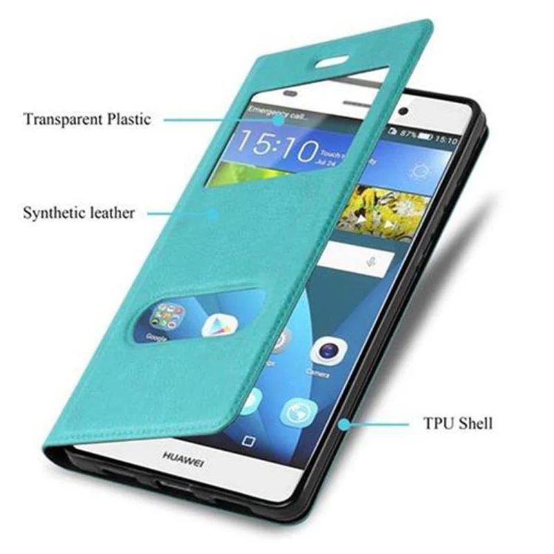 Cadorabo Hülle kompatibel mit Huawei P8 LITE 2015 Schutzhülle mit Magnetverschluss, Standfunktion und 2 Sichtfenstern