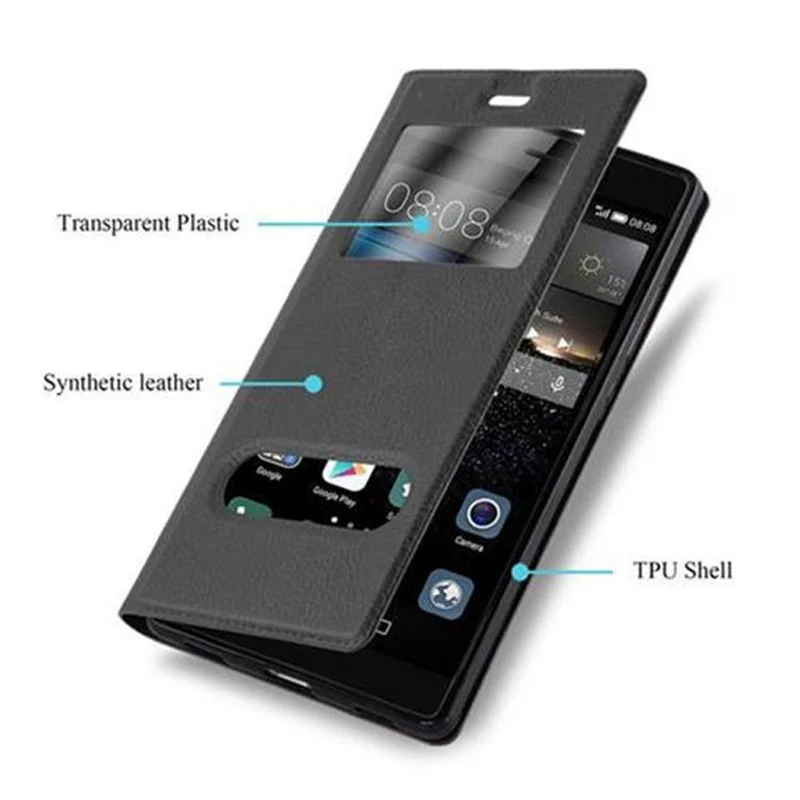 Cadorabo Hülle kompatibel mit Huawei P8 Schutzhülle mit Magnetverschluss, Standfunktion und 2 Sichtfenstern