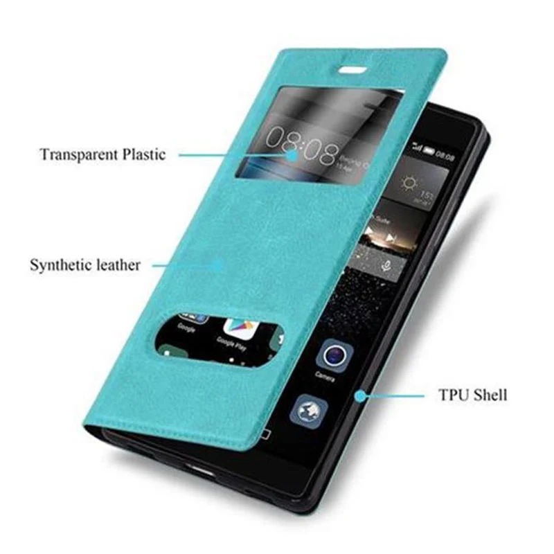Cadorabo Hülle kompatibel mit Huawei P8 Schutzhülle mit Magnetverschluss, Standfunktion und 2 Sichtfenstern