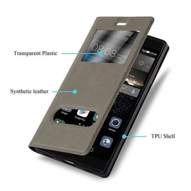 Cadorabo Hülle kompatibel mit Huawei P8 Schutzhülle mit Magnetverschluss, Standfunktion und 2 Sichtfenstern