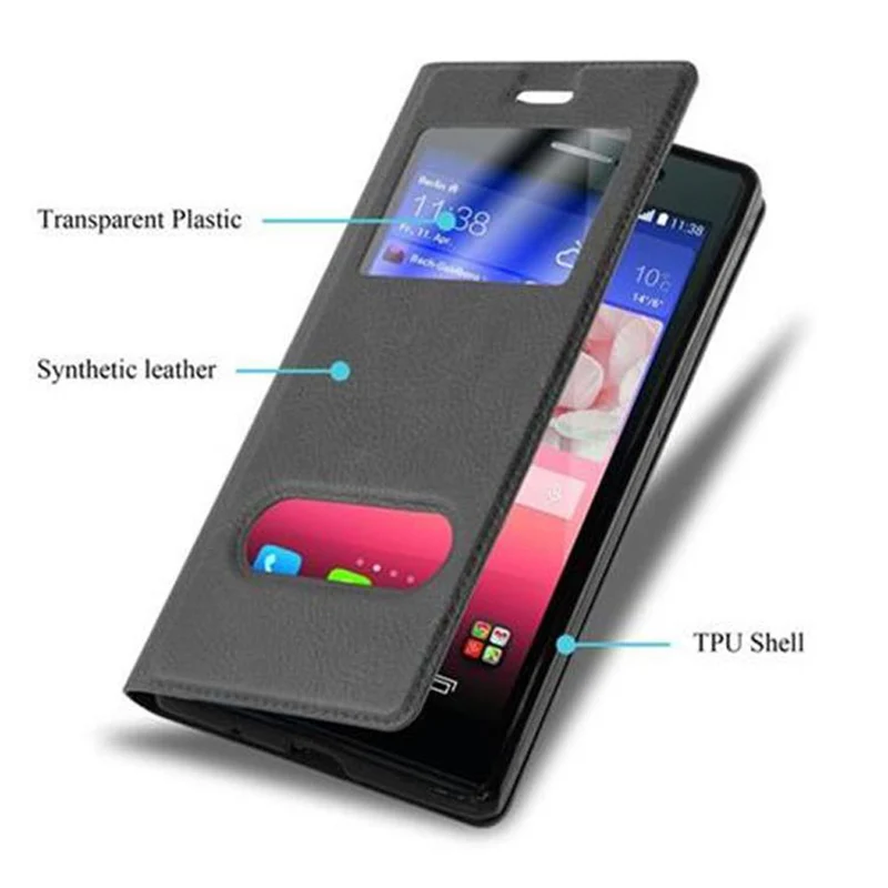Cadorabo Hülle kompatibel mit Huawei ASCEND P7 Schutzhülle mit Magnetverschluss, Standfunktion und 2 Sichtfenstern
