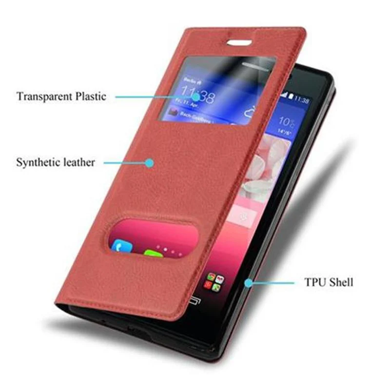 Cadorabo Hülle kompatibel mit Huawei ASCEND P7 Schutzhülle mit Magnetverschluss, Standfunktion und 2 Sichtfenstern