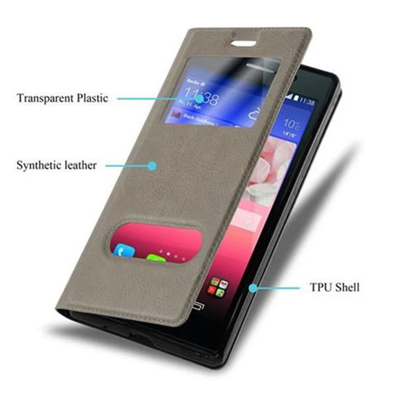 Cadorabo Hülle kompatibel mit Huawei ASCEND P7 Schutzhülle mit Magnetverschluss, Standfunktion und 2 Sichtfenstern