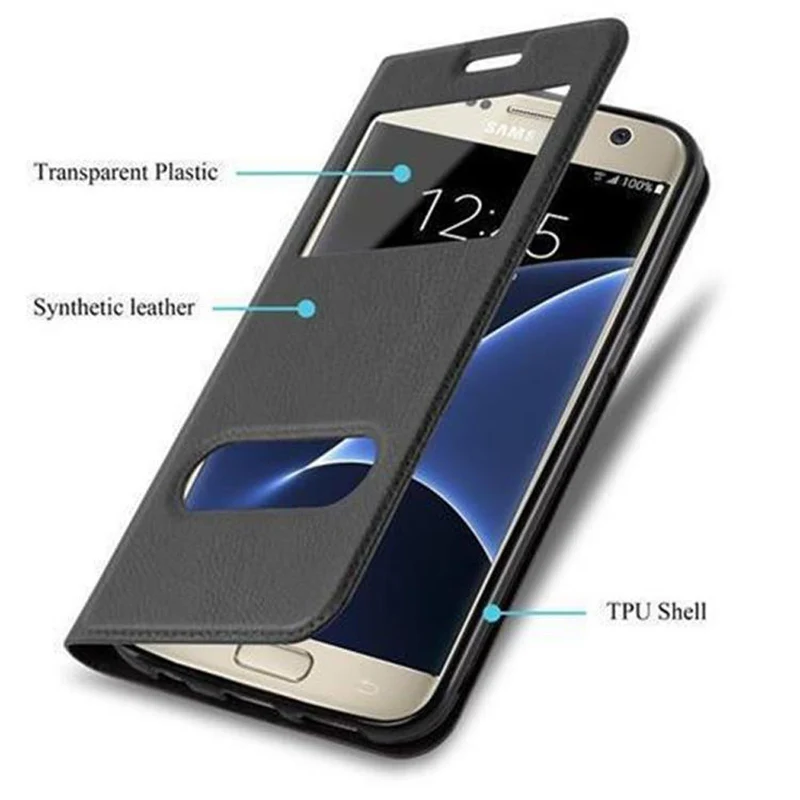 Cadorabo Hülle kompatibel mit Samsung Galaxy S7 Schutzhülle mit Magnetverschluss, Standfunktion und 2 Sichtfenstern