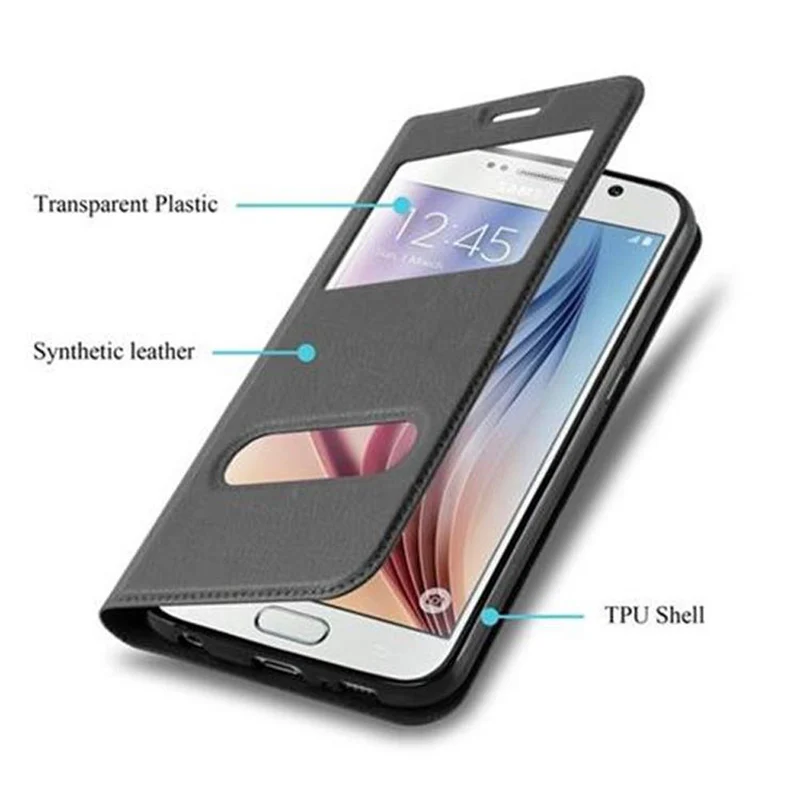 Cadorabo Hülle kompatibel mit Samsung Galaxy S6 Schutzhülle mit Magnetverschluss, Standfunktion und 2 Sichtfenstern