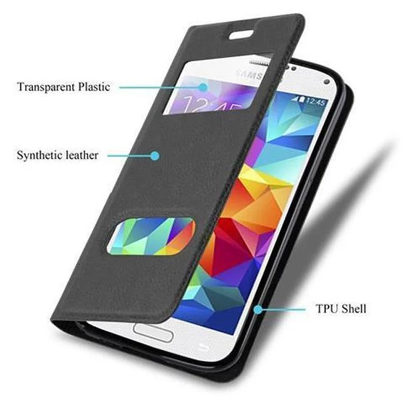 Cadorabo Hülle kompatibel mit Samsung Galaxy S5 / S5 NEO Schutzhülle mit Magnetverschluss, Standfunktion und 2 Sichtfenstern