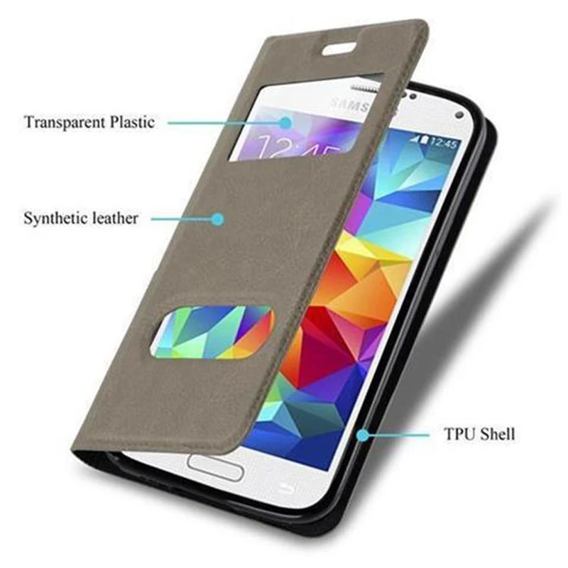 Cadorabo Hülle kompatibel mit Samsung Galaxy S5 / S5 NEO Schutzhülle mit Magnetverschluss, Standfunktion und 2 Sichtfenstern