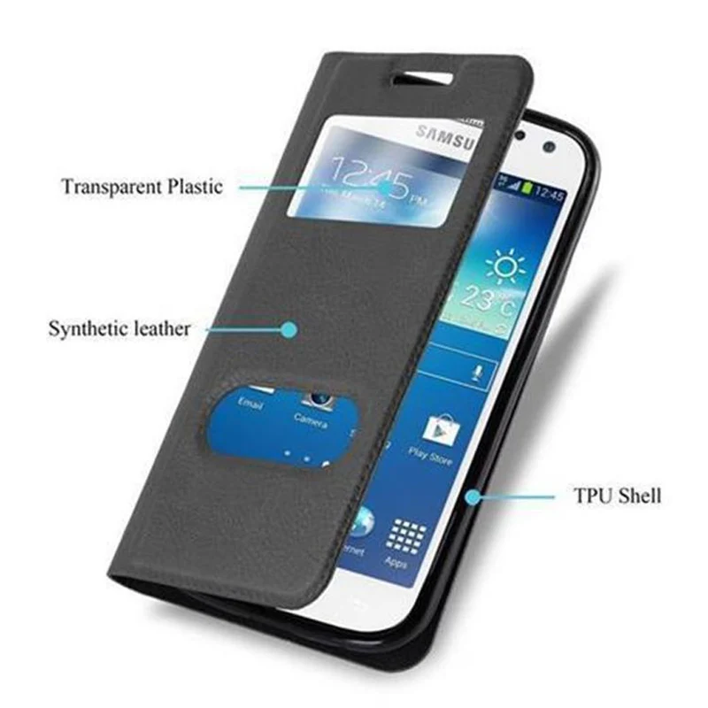 Cadorabo Hülle kompatibel mit Samsung Galaxy S4 MINI Schutzhülle mit Magnetverschluss, Standfunktion und 2 Sichtfenstern